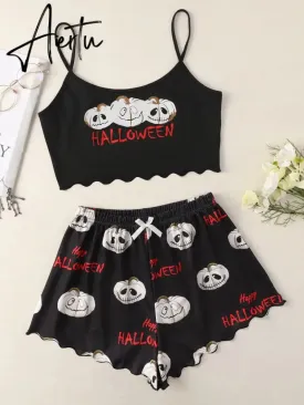 New Style Halloween Lady's Cartoon Pumpkin Print Camisole With Shorts Pajama Set Casual Home Wear Sleepwear Underwear Suits