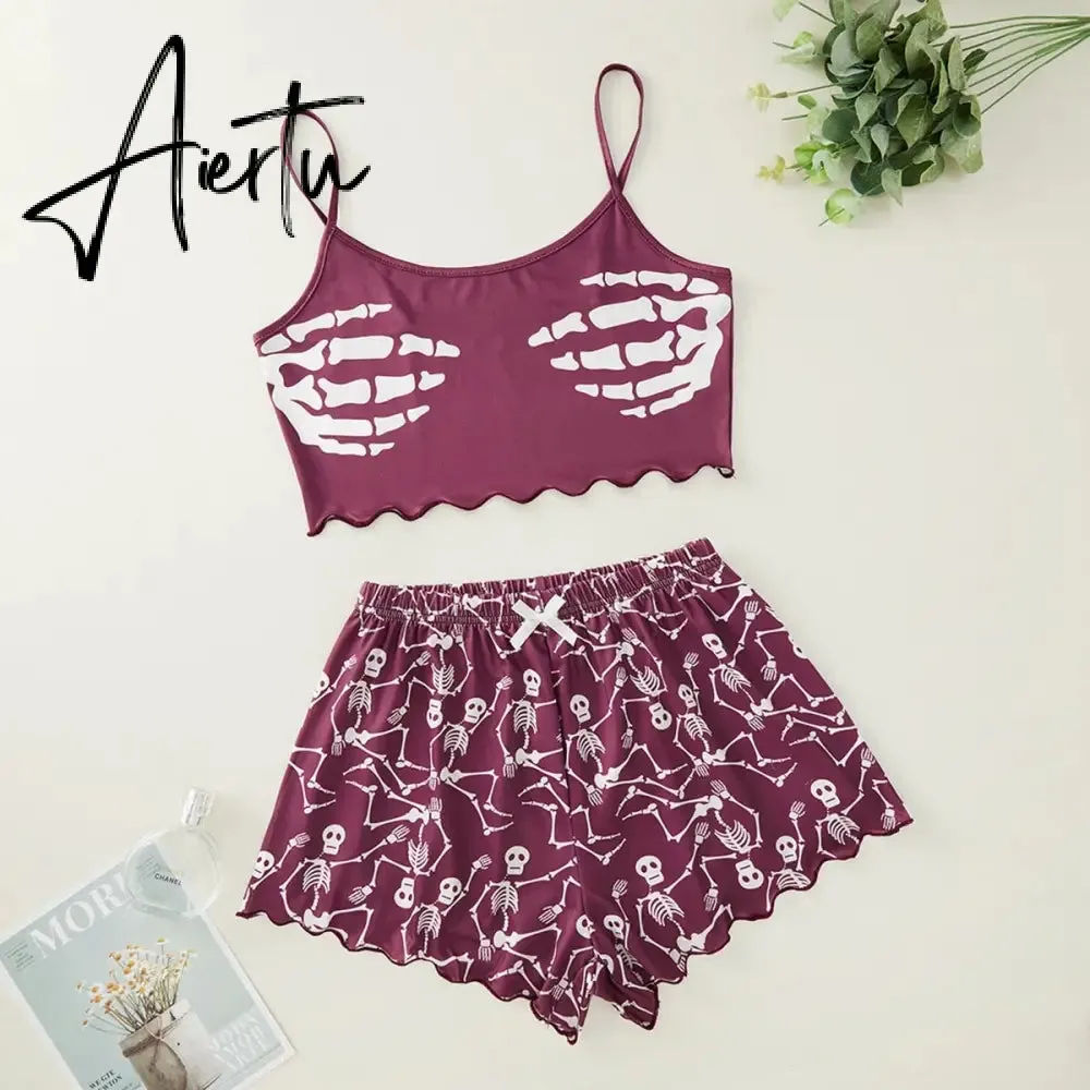 New Style Personality Fashion Lady's Cartoon Skeleton Hand Print Camisole With Shorts Pajama Set Comfortable Home Wear Sleepwear