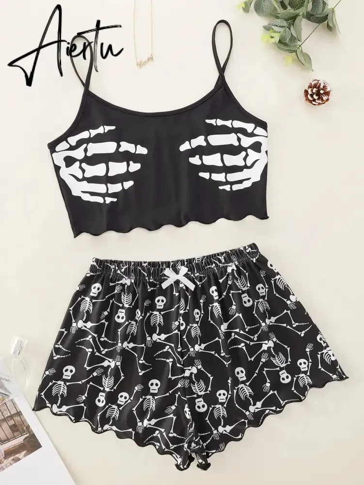 New Style Personality Fashion Lady's Cartoon Skeleton Hand Print Camisole With Shorts Pajama Set Comfortable Home Wear Sleepwear