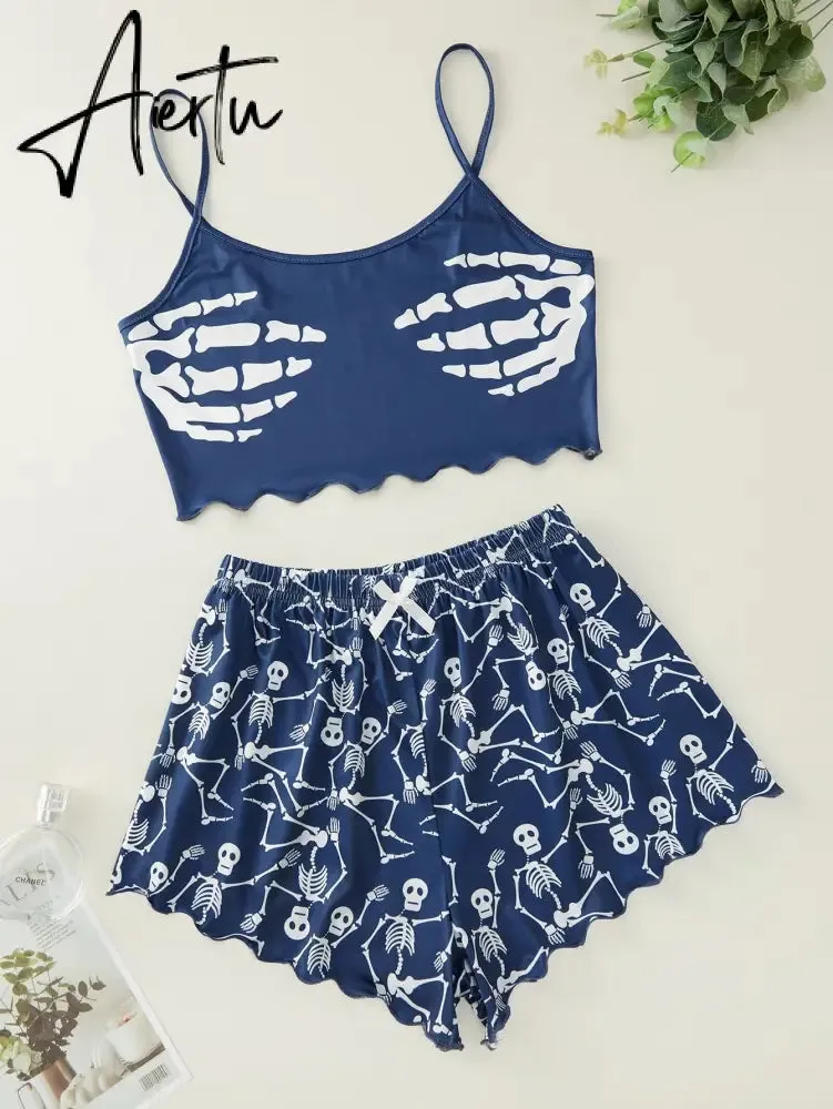 New Style Personality Fashion Lady's Cartoon Skeleton Hand Print Camisole With Shorts Pajama Set Comfortable Home Wear Sleepwear