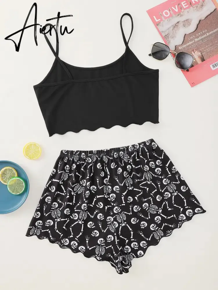 New Style Personality Fashion Lady's Cartoon Skeleton Hand Print Camisole With Shorts Pajama Set Comfortable Home Wear Sleepwear