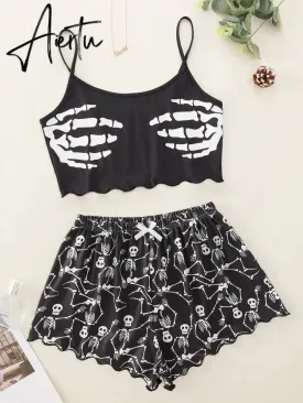 New Style Personality Fashion Lady's Cartoon Skeleton Hand Print Camisole With Shorts Pajama Set Comfortable Home Wear Sleepwear
