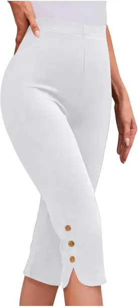 Oplxuo Capri Pants for Women Casual Summer Dressy Pull On Stretch High Waisted Buttons Slit Bottom Crop Work Leggings