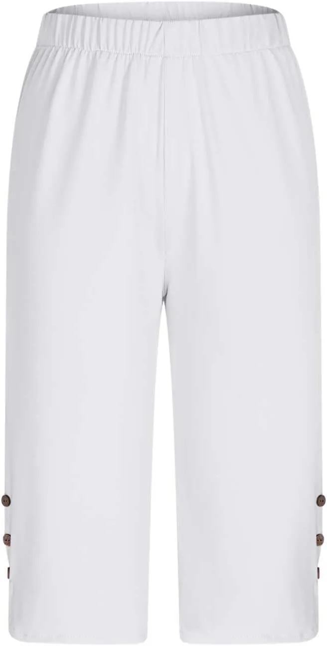 Oplxuo Capri Pants for Women Casual Summer Dressy Pull On Stretch High Waisted Buttons Slit Bottom Crop Work Leggings