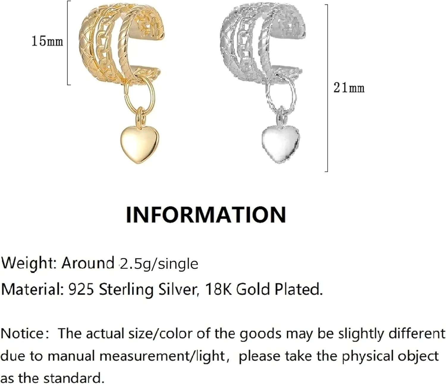 Oxidized 925 Sterling Silver Heart Motif Ear Cuff Earrings For Women, Non-Piercing Ear Cuff Jewelry Set Fashion Cartilage Helix CZ Earrings