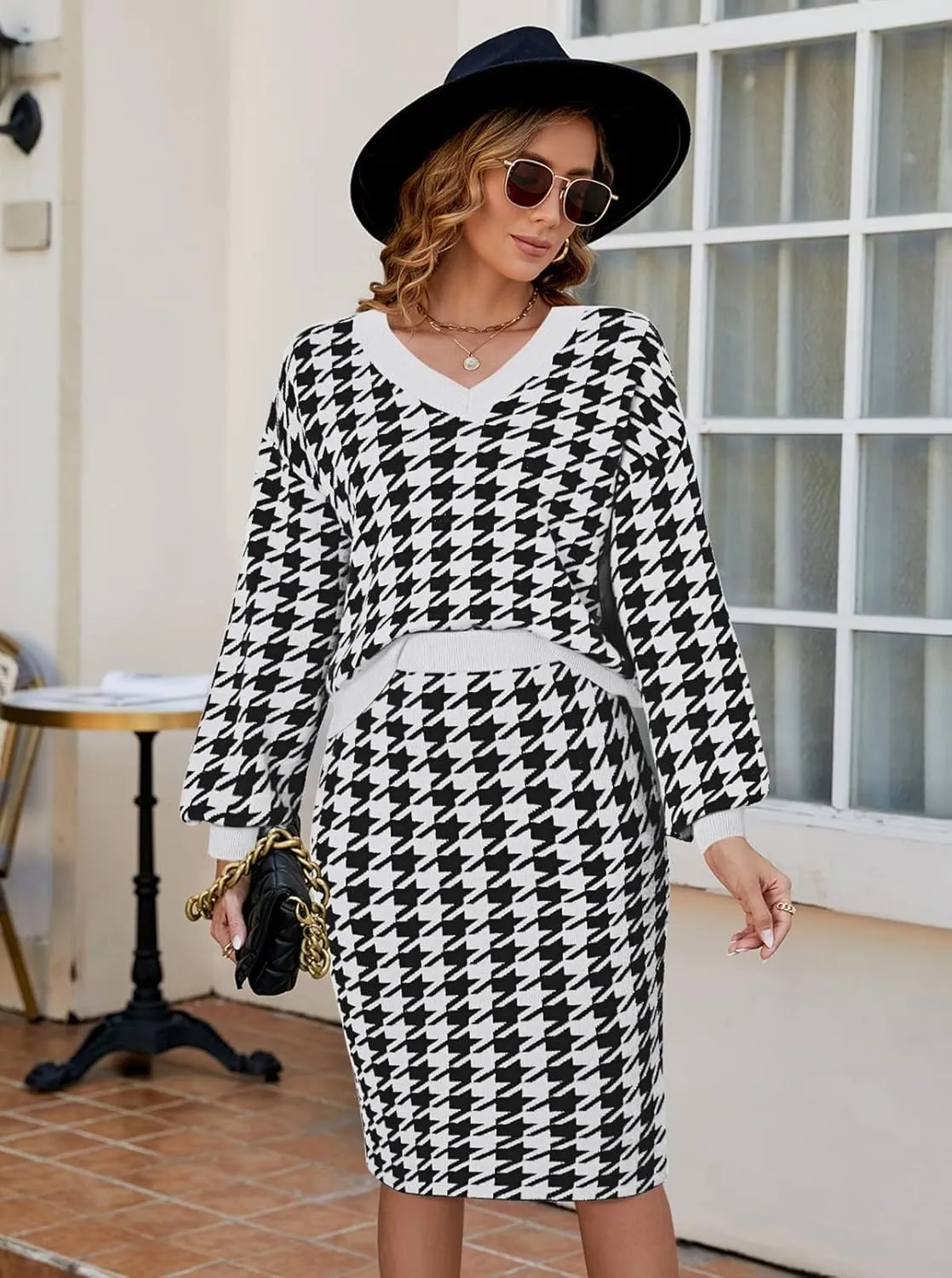 Pink Queen Women's 2 Piece Outfits Set Knit V Neck Batwing Long Sleeve Loose Top Bodycon Midi Skirt Sweater Dresses