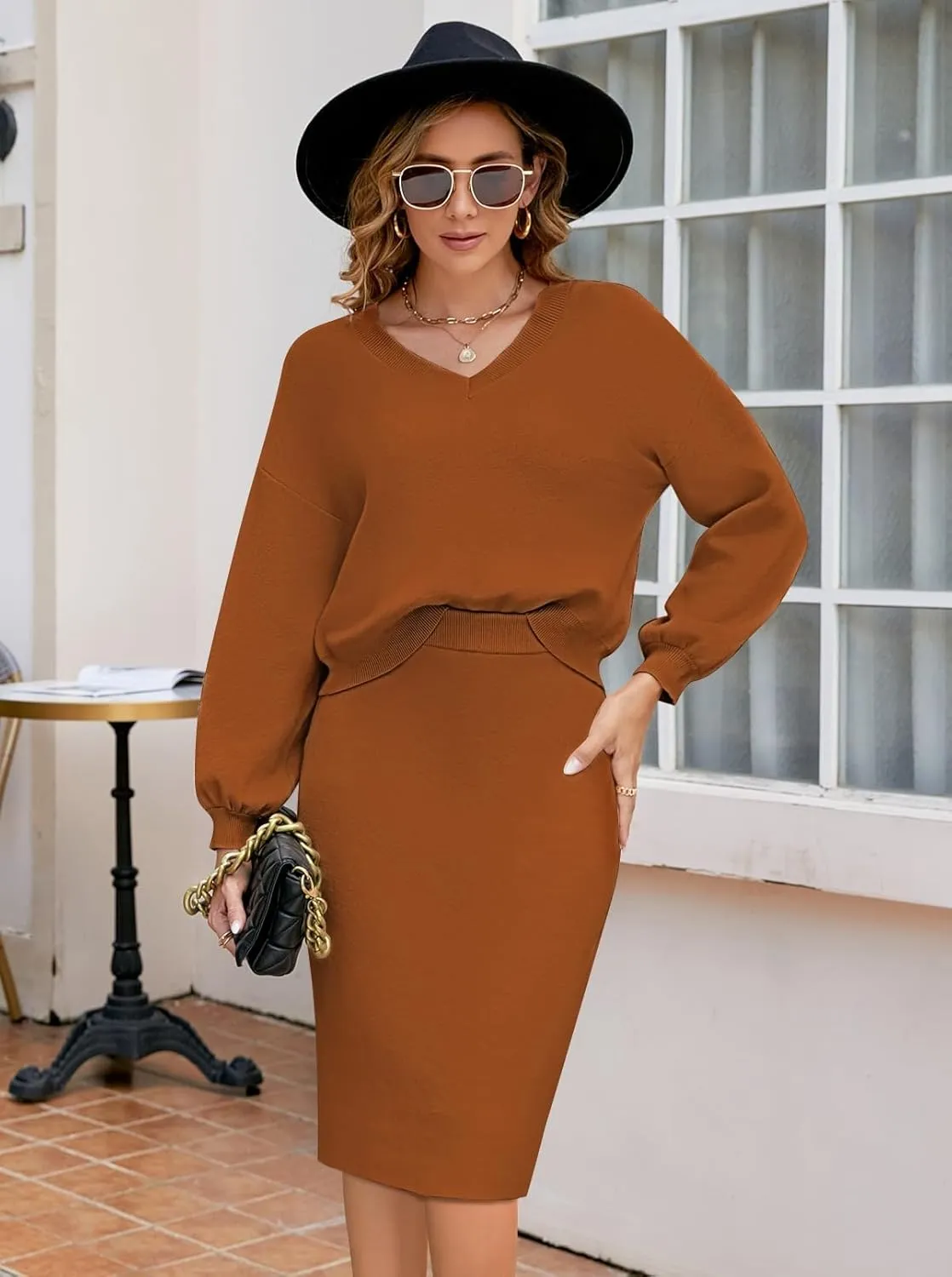 Pink Queen Women's 2 Piece Outfits Set Knit V Neck Batwing Long Sleeve Loose Top Bodycon Midi Skirt Sweater Dresses