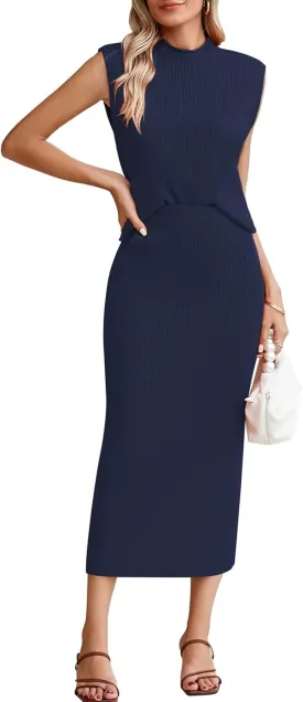 Pink Queen Women's 2 Piece Sweater Outfits Set Sleeveless Crop Top Ribbed Split Bodycon Midi Long Skirt Knit Dresses