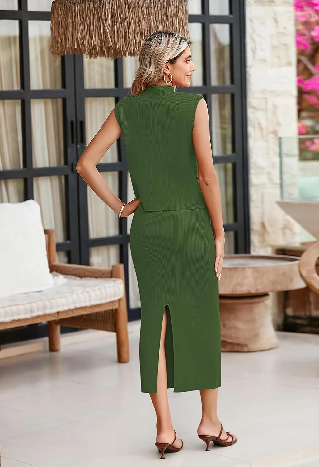Pink Queen Women's 2 Piece Sweater Outfits Set Sleeveless Crop Top Ribbed Split Bodycon Midi Long Skirt Knit Dresses
