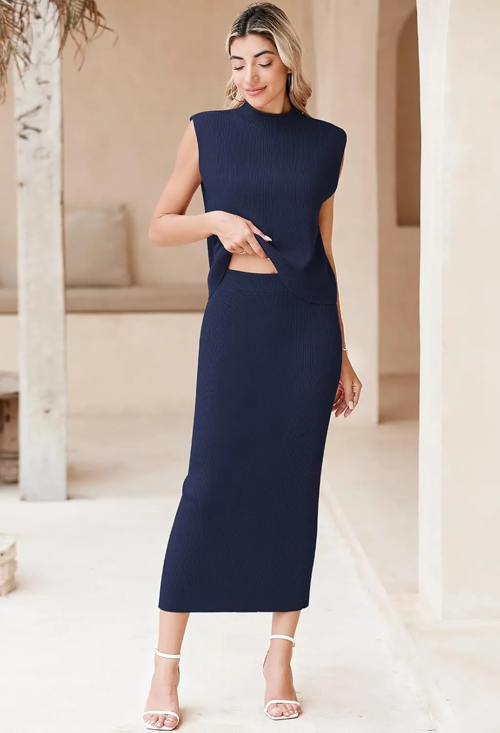 Pink Queen Women's 2 Piece Sweater Outfits Set Sleeveless Crop Top Ribbed Split Bodycon Midi Long Skirt Knit Dresses