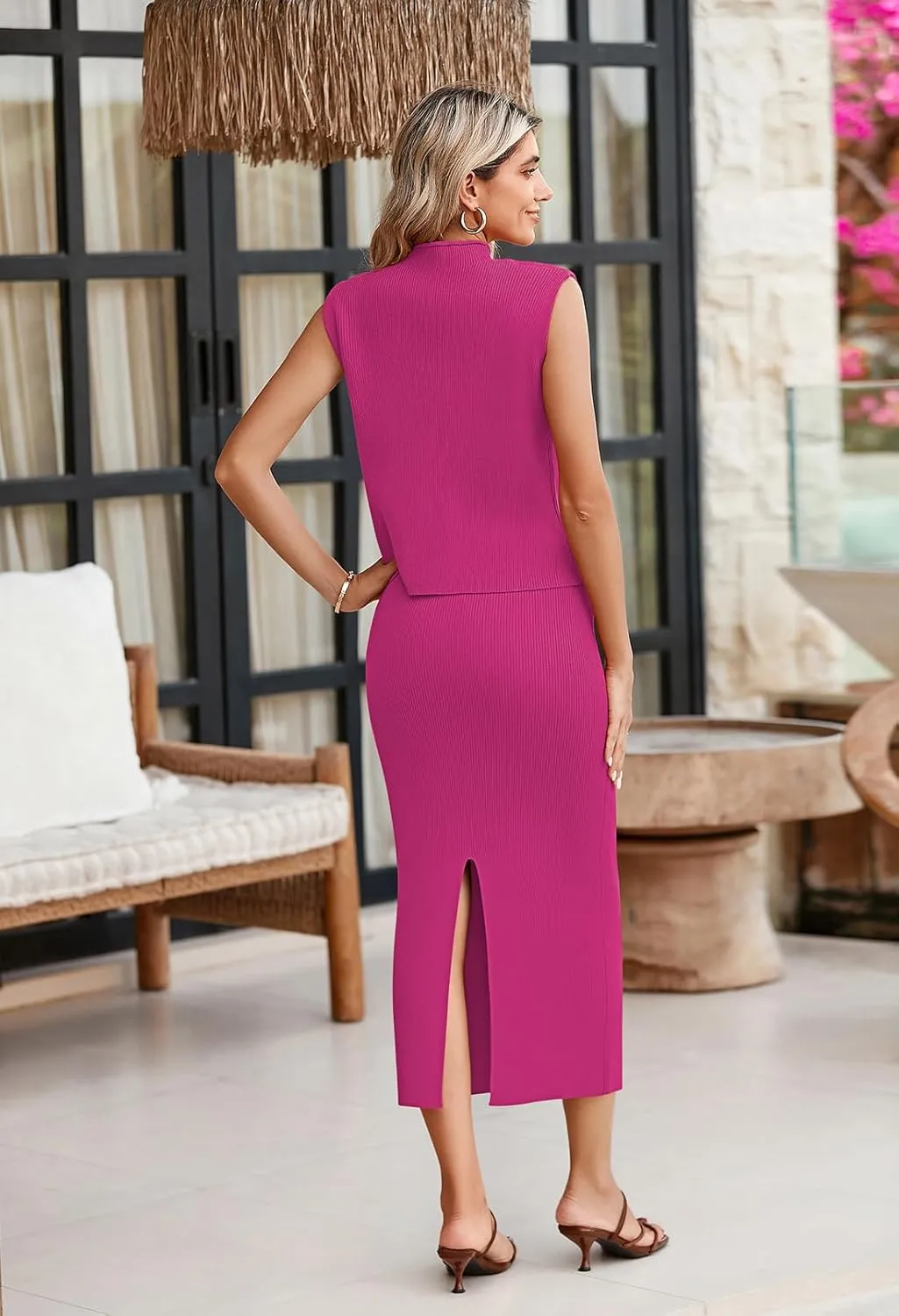 Pink Queen Women's 2 Piece Sweater Outfits Set Sleeveless Crop Top Ribbed Split Bodycon Midi Long Skirt Knit Dresses