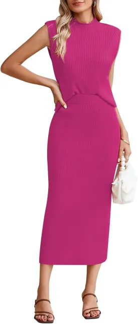 Pink Queen Women's 2 Piece Sweater Outfits Set Sleeveless Crop Top Ribbed Split Bodycon Midi Long Skirt Knit Dresses