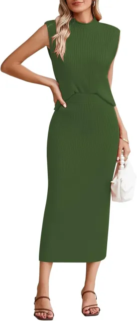 Pink Queen Women's 2 Piece Sweater Outfits Set Sleeveless Crop Top Ribbed Split Bodycon Midi Long Skirt Knit Dresses