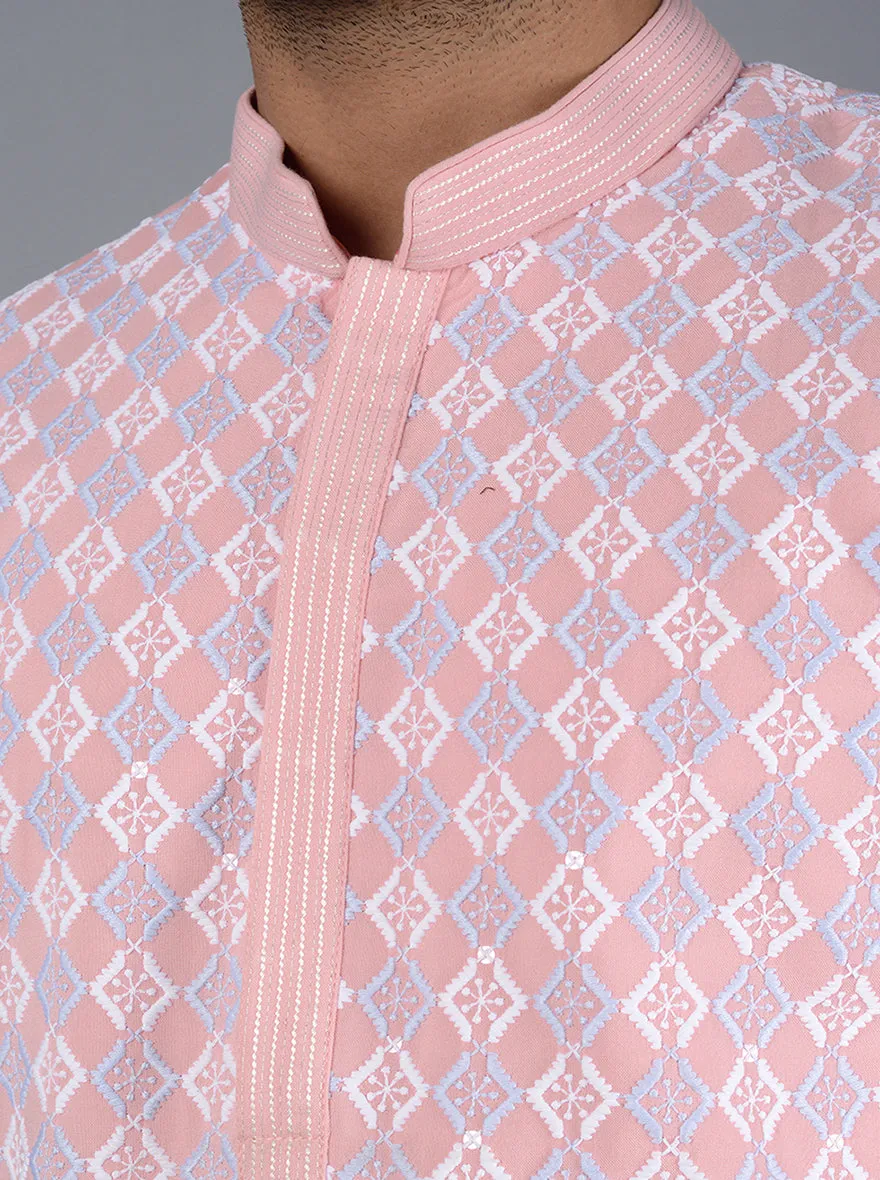Powder Pink Embroidered Regular Fit Kurta Set | TULA