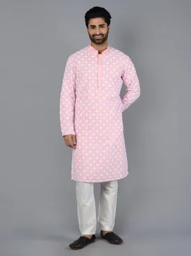 Powder Pink Embroidered Regular Fit Kurta Set | TULA