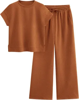PRETTYGARDEN 2 Piece Outfits For Women Casual Tracksuit Short Sleeve Tops And Wide Leg Long Pants Matching Lounge Sets