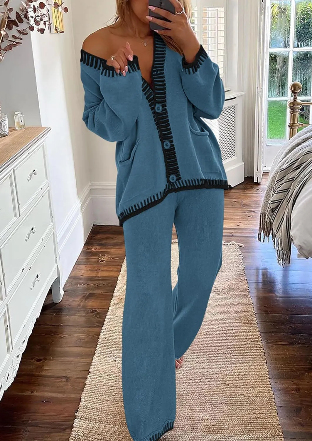 PRETTYGARDEN Women's 2 Piece Outfits Fall Knit Lounge Sets V Neck Cardigan Sweaters Wide Leg Pants Tracksuit Winter Clothing