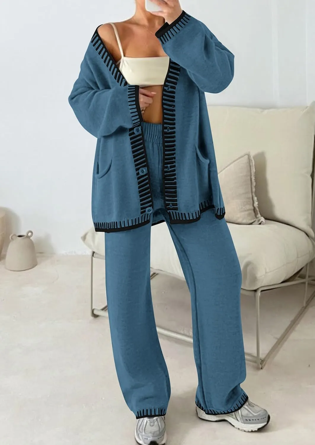 PRETTYGARDEN Women's 2 Piece Outfits Fall Knit Lounge Sets V Neck Cardigan Sweaters Wide Leg Pants Tracksuit Winter Clothing