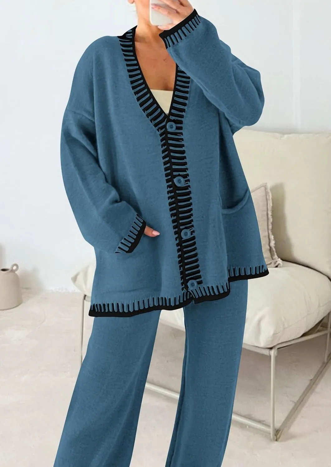 PRETTYGARDEN Women's 2 Piece Outfits Fall Knit Lounge Sets V Neck Cardigan Sweaters Wide Leg Pants Tracksuit Winter Clothing