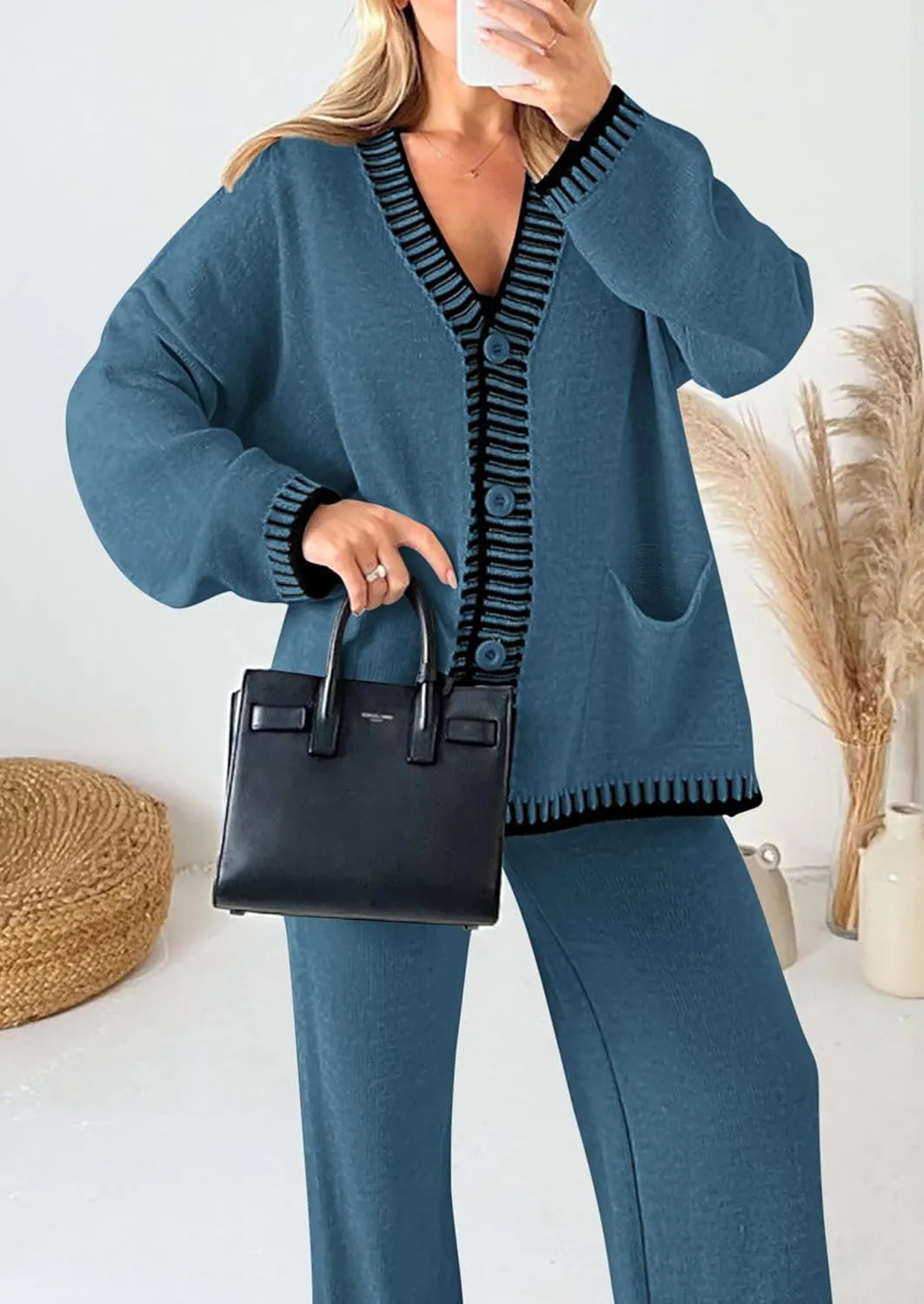 PRETTYGARDEN Women's 2 Piece Outfits Fall Knit Lounge Sets V Neck Cardigan Sweaters Wide Leg Pants Tracksuit Winter Clothing