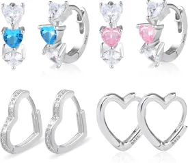 Small Sterling Silver Heart Hoop Earrings for Girls Women Hypoallergenic Love Heart Pink Blue Earrings Jewelry Girl Hoop Earings 4 Pairs