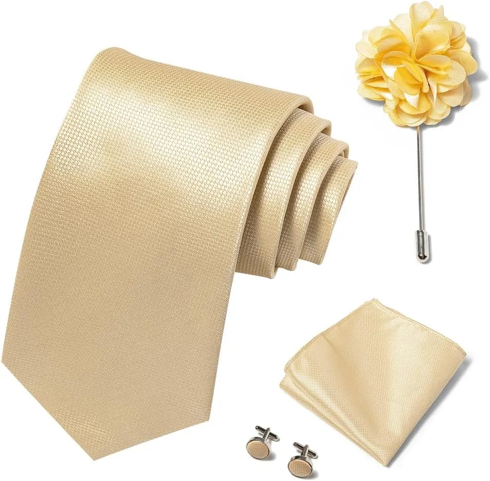 Solid Color Ties Set Men Handkerchief Cufflinks Brooch 3.15 inches Classic Formal Necktie Pocket Square Set