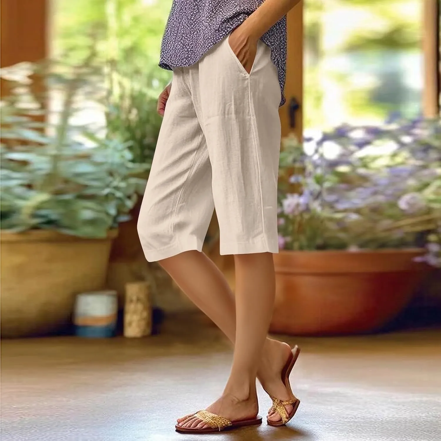 Summer Bermuda Shorts for Women Knee Length 2025 Trendy Linen Shorts Lightweight Casual Beach Short Pants