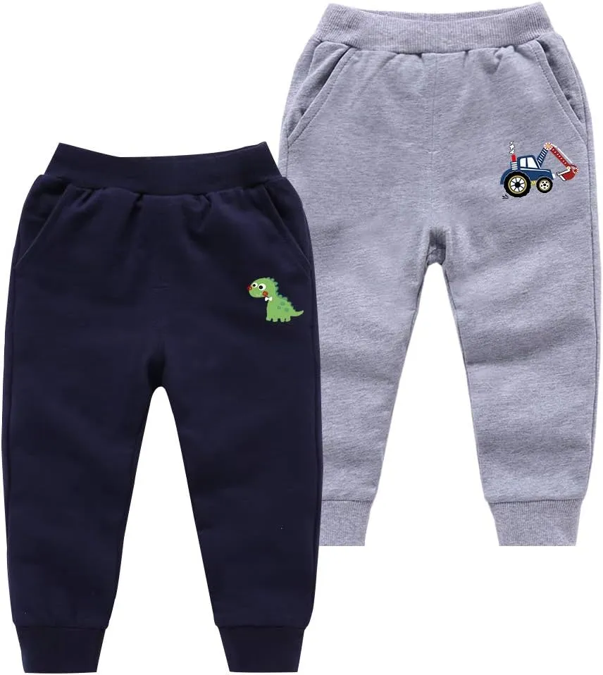 Toddler Boys Cotton Pull-On Sweat Pants, Cartoon Print Jog Sweatpants 2-Pack