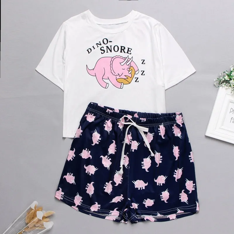 VenusFox Women's Sleepwear Cute Cartoon Print Short Set Pajamas for Women  Pajama Set Sweet Short Sleeve T Shirts & Shorts Summer Pajama