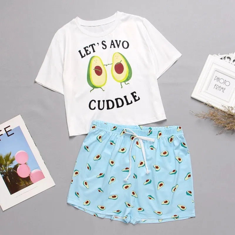 VenusFox Women's Sleepwear Cute Cartoon Print Short Set Pajamas for Women  Pajama Set Sweet Short Sleeve T Shirts & Shorts Summer Pajama