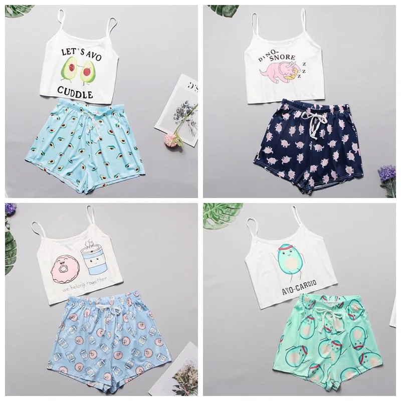 VenusFox Women's Sleepwear Cute Cartoon Print Short Set Pajamas for Women  Pajama Set Sweet Short Sleeve T Shirts & Shorts Summer Pajama