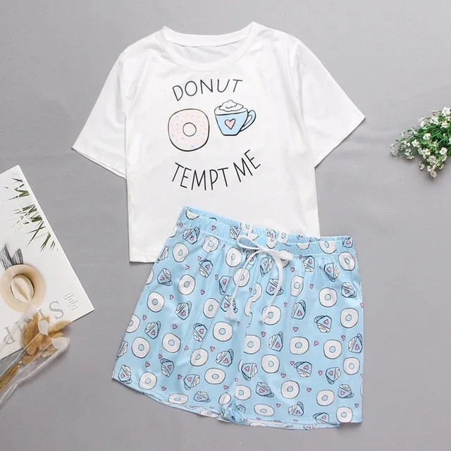 VenusFox Women's Sleepwear Cute Cartoon Print Short Set Pajamas for Women  Pajama Set Sweet Short Sleeve T Shirts & Shorts Summer Pajama