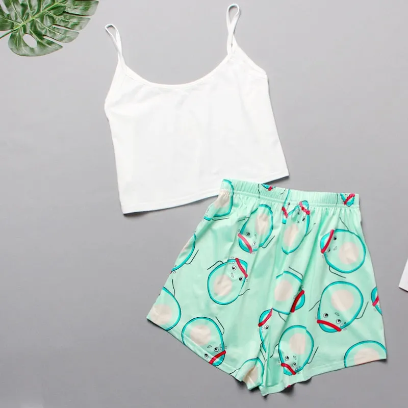 VenusFox Women's Sleepwear Cute Cartoon Print Short Set Pajamas for Women  Pajama Set Sweet Short Sleeve T Shirts & Shorts Summer Pajama