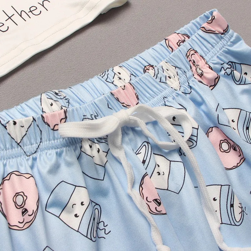 VenusFox Women's Sleepwear Cute Cartoon Print Short Set Pajamas for Women  Pajama Set Sweet Short Sleeve T Shirts & Shorts Summer Pajama