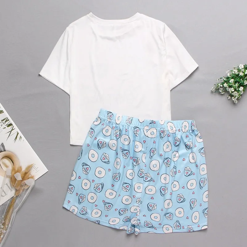 VenusFox Women's Sleepwear Cute Cartoon Print Short Set Pajamas for Women  Pajama Set Sweet Short Sleeve T Shirts & Shorts Summer Pajama