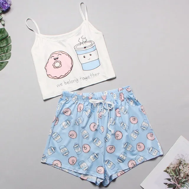VenusFox Women's Sleepwear Cute Cartoon Print Short Set Pajamas for Women  Pajama Set Sweet Short Sleeve T Shirts & Shorts Summer Pajama