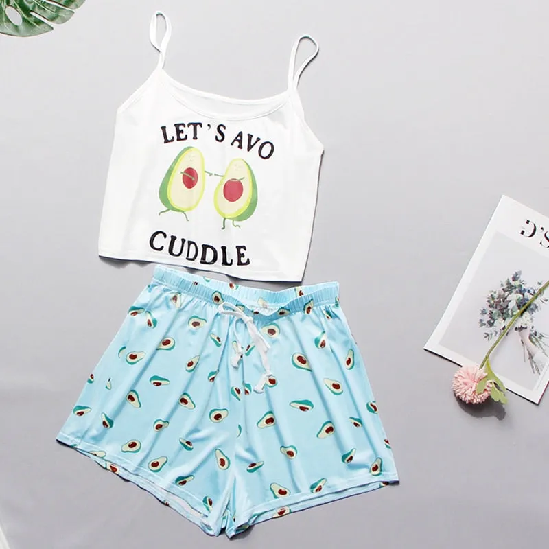 VenusFox Women's Sleepwear Cute Cartoon Print Short Set Pajamas for Women  Pajama Set Sweet Short Sleeve T Shirts & Shorts Summer Pajama