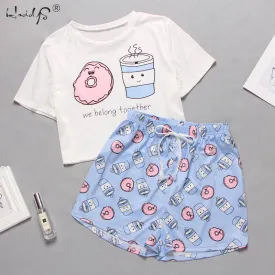 VenusFox Women's Sleepwear Cute Cartoon Print Short Set Pajamas for Women  Pajama Set Sweet Short Sleeve T Shirts & Shorts Summer Pajama