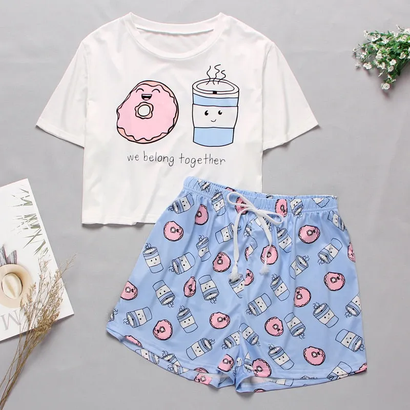 VenusFox Women's Sleepwear Cute Cartoon Print Short Set Pajamas for Women  Pajama Set Sweet Short Sleeve T Shirts & Shorts Summer Pajama