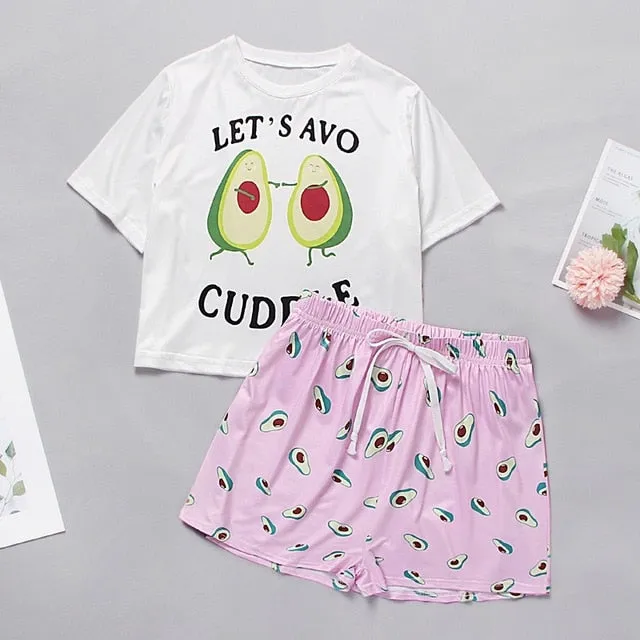 VenusFox Women's Sleepwear Cute Cartoon Print Short Set Pajamas for Women  Pajama Set Sweet Short Sleeve T Shirts & Shorts Summer Pajama