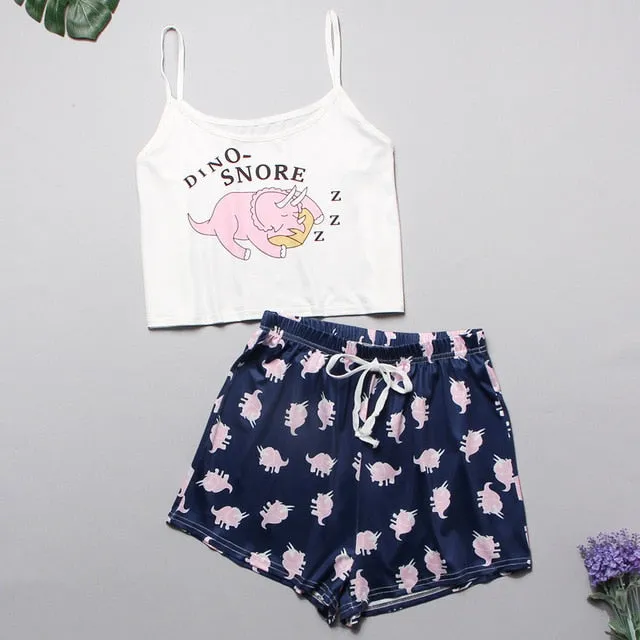VenusFox Women's Sleepwear Cute Cartoon Print Short Set Pajamas for Women  Pajama Set Sweet Short Sleeve T Shirts & Shorts Summer Pajama