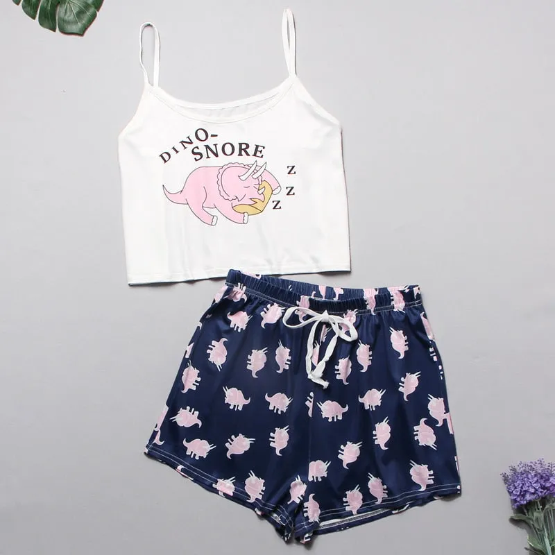 VenusFox Women's Sleepwear Cute Cartoon Print Short Set Pajamas for Women  Pajama Set Sweet Short Sleeve T Shirts & Shorts Summer Pajama