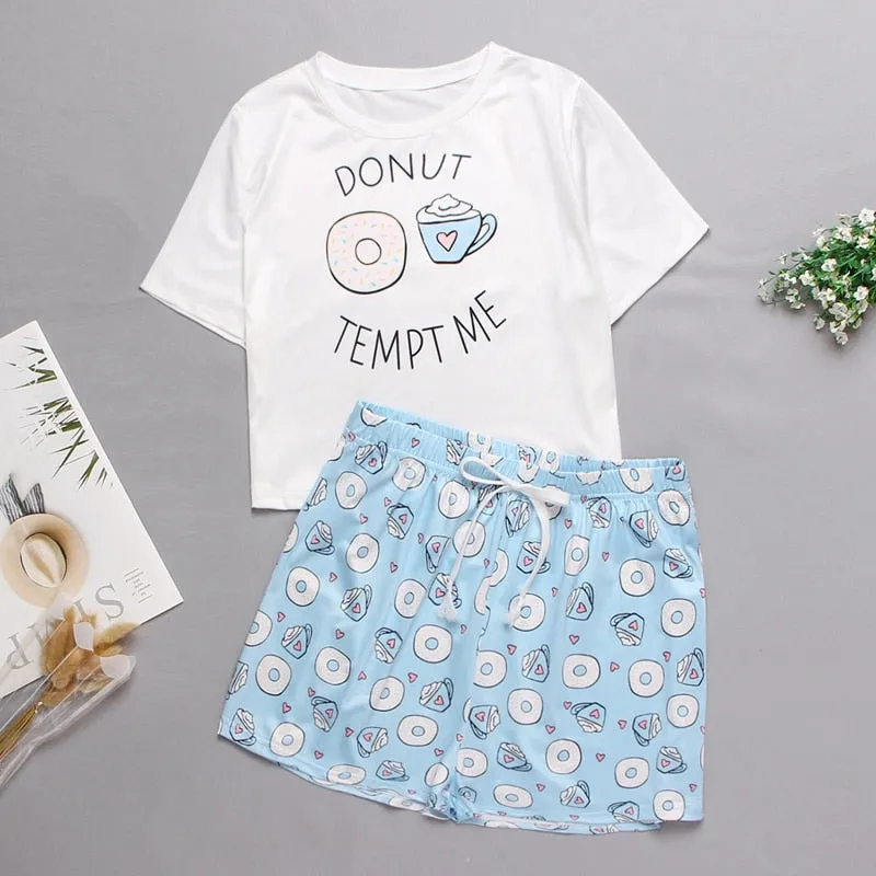 VenusFox Women's Sleepwear Cute Cartoon Print Short Set Pajamas for Women  Pajama Set Sweet Short Sleeve T Shirts & Shorts Summer Pajama