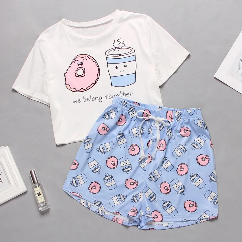 VenusFox Women's Sleepwear Cute Cartoon Print Short Set Pajamas for Women  Pajama Set Sweet Short Sleeve T Shirts & Shorts Summer Pajama