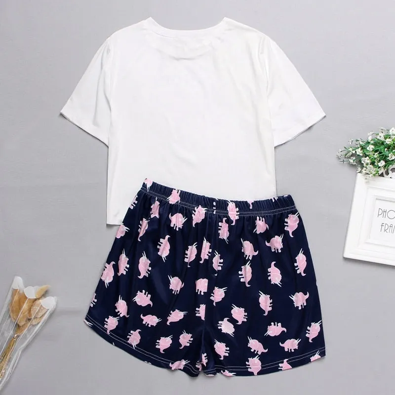 VenusFox Women's Sleepwear Cute Cartoon Print Short Set Pajamas for Women  Pajama Set Sweet Short Sleeve T Shirts & Shorts Summer Pajama