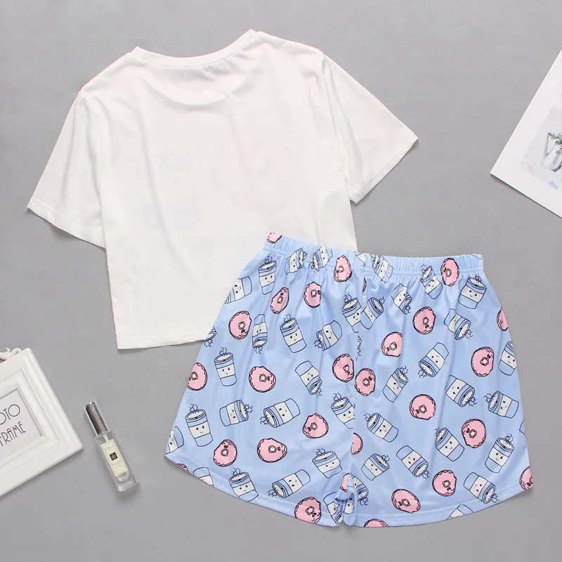 VenusFox Women's Sleepwear Cute Cartoon Print Short Set Pajamas for Women  Pajama Set Sweet Short Sleeve T Shirts & Shorts Summer Pajama