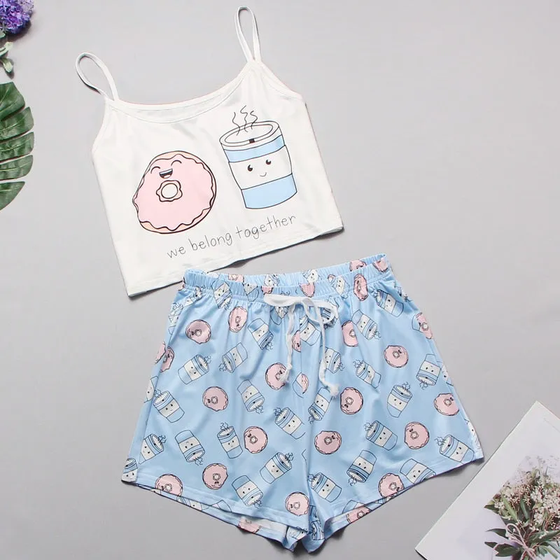 VenusFox Women's Sleepwear Cute Cartoon Print Short Set Pajamas for Women  Pajama Set Sweet Short Sleeve T Shirts & Shorts Summer Pajama