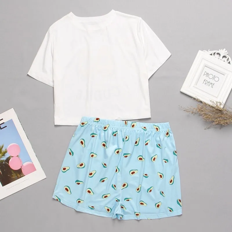 VenusFox Women's Sleepwear Cute Cartoon Print Short Set Pajamas for Women  Pajama Set Sweet Short Sleeve T Shirts & Shorts Summer Pajama
