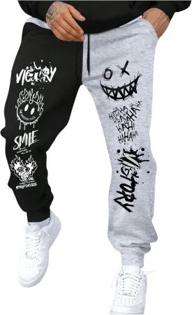 WDIRARA Men's Cartoon Letter Graphic Sweatpants Color Block Drawstring Waist Jogger Pants with Pockets