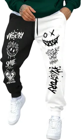WDIRARA Men's Cartoon Letter Graphic Sweatpants Color Block Drawstring Waist Jogger Pants with Pockets